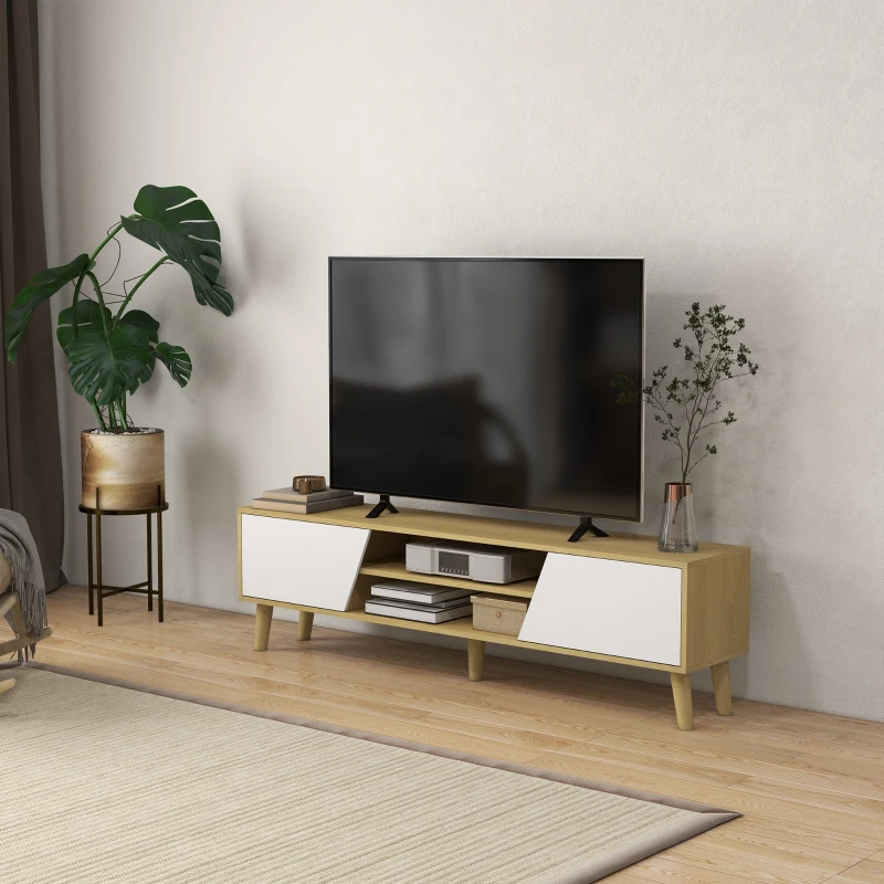 HOMCOM TV Stand for 65 Inch Television, Entertainment Center with Soft Closing Door and Rubberwood Legs, Oak and White