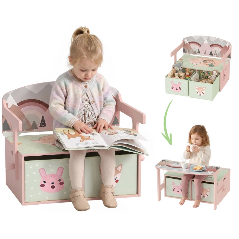 Qaba Kids Toy Box Chest, 3-in-1 Convertible Storage Chest with 2 Non-Woven Drawers for Bedroom, Kids Room for Ages 3-6, Pink