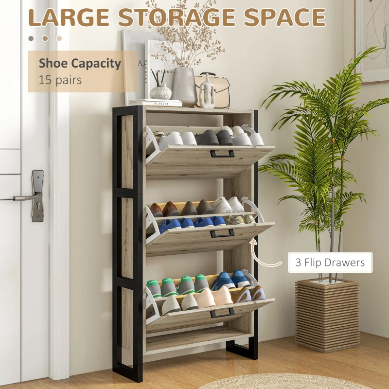 HOMCOM Shoe Cabinet with 3 Flip Drawer Cabinet, Walnut