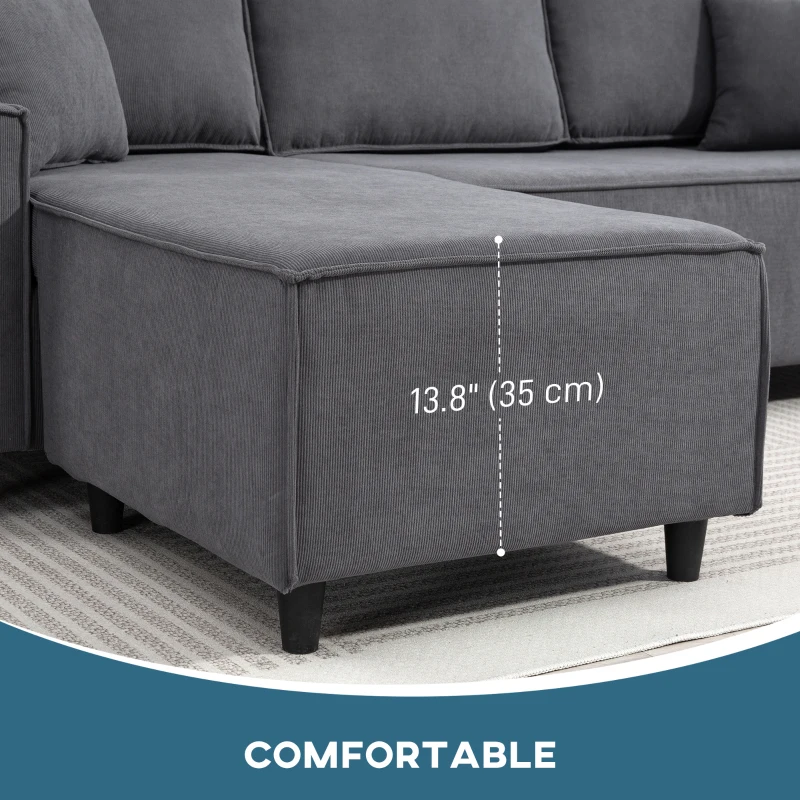 HOMCOM Corner Sofa with Changeable Chaise, Corduroy L-Shaped Sectional Sofa with Pocket Spring, 2 Pillows, Charcoal Grey
