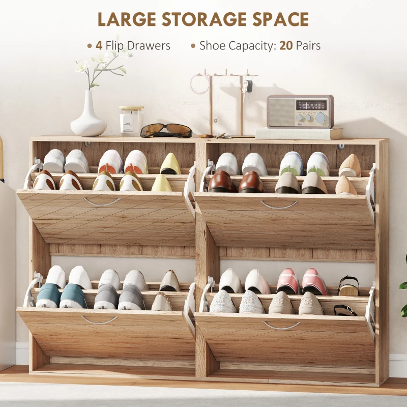 HOMCOM Shoe Storage Cabinet with 4 Flip Drawers, Narrow and Slim, 12-20 Pair of Shoes Organizer for Hallway, Entryway, Oak