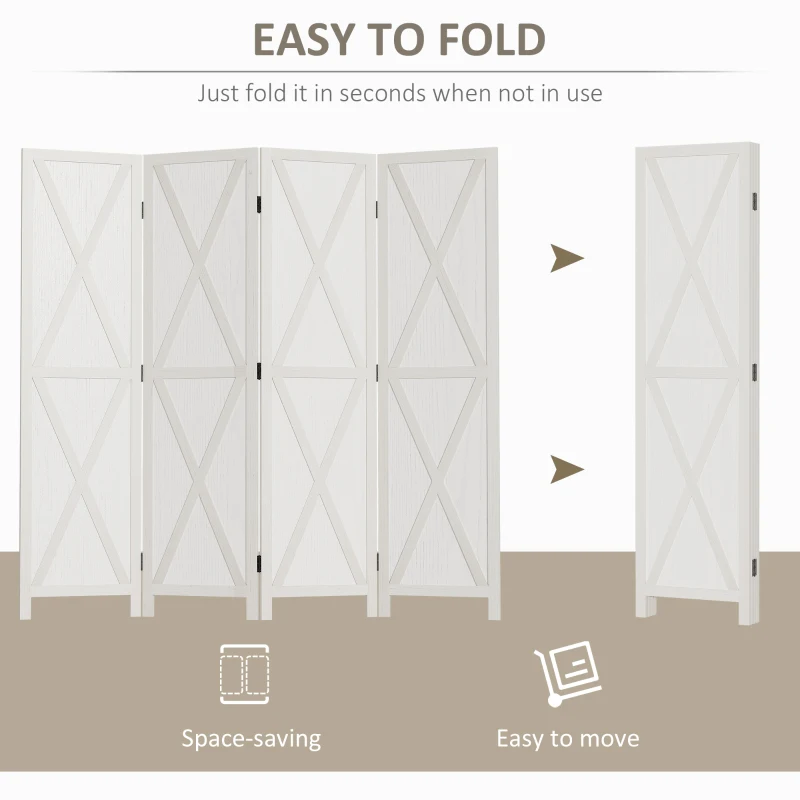 HOMCOM 4-panel Wall Partition Farmhouse Room Separator with Foldable Design Wooden Frame 5.6FT, White