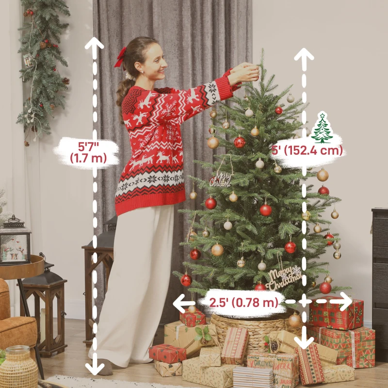 HOMCOM 5 ft Artificial Christmas Tree with Dense Realistic Branches, Full Ponderosa Fir, Hinged Xmas Tree, Easy Assembly