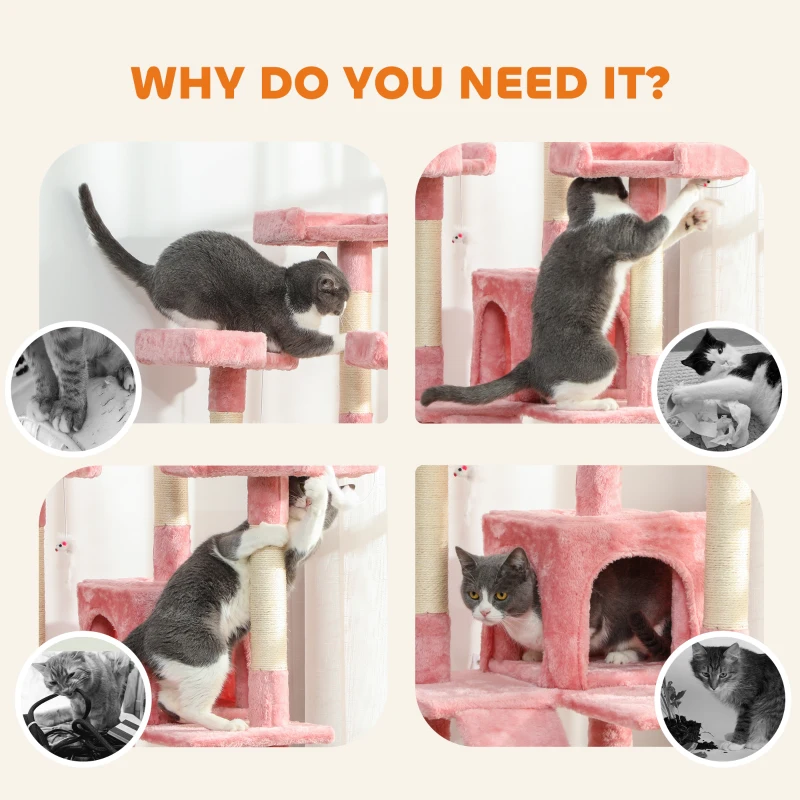 PawHut 68-inch Multi-Level Cat Scratching Tree Kitty Activity Center Post Tower Condo Pet Furniture w/ Toy Pink