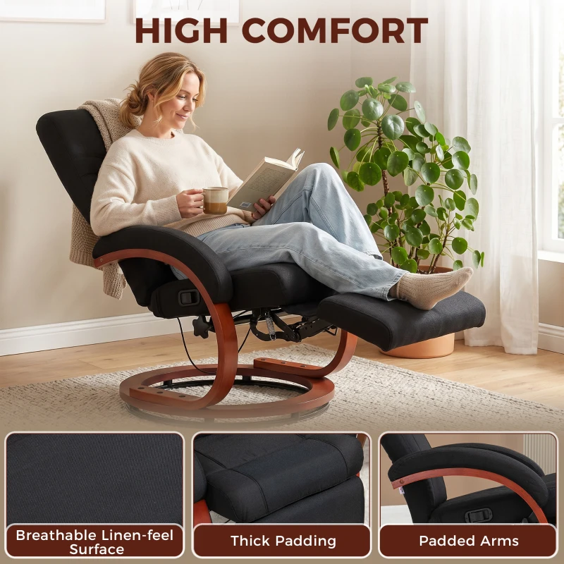 HOMCOM Manual Recliner Chair for Adults, Adjustable Swivel Recliner with Footrest, Padded Arms and Wood Base for Living Room, Black
