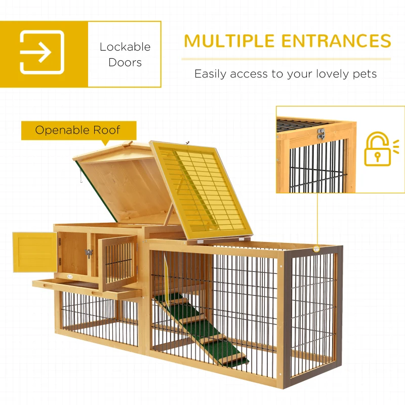 PawHut Wood Rabbit Hutch w/ Ramp, Openable Roof, Pull-out Tray, Yellow