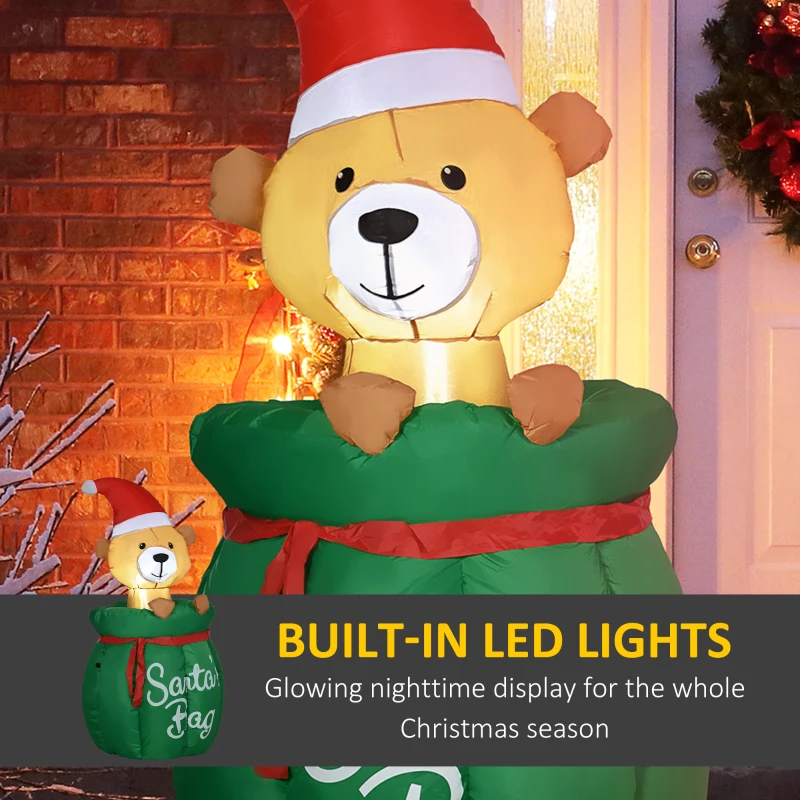 HOMCOM 4.5 ft. Christmas Inflatables Outdoor Decorations Bear In Santa Claus Toy Bag, Blow-Up Holiday Yard Christmas Decor with LED