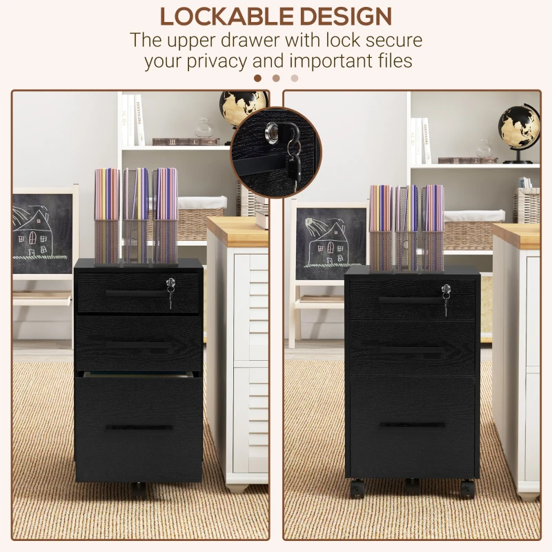 HOMCOM Lockable Vertical File Cabinet with Lock, 3 Drawer Filing Cabinet with Hanging Bars for Letter and A4 Size, Black