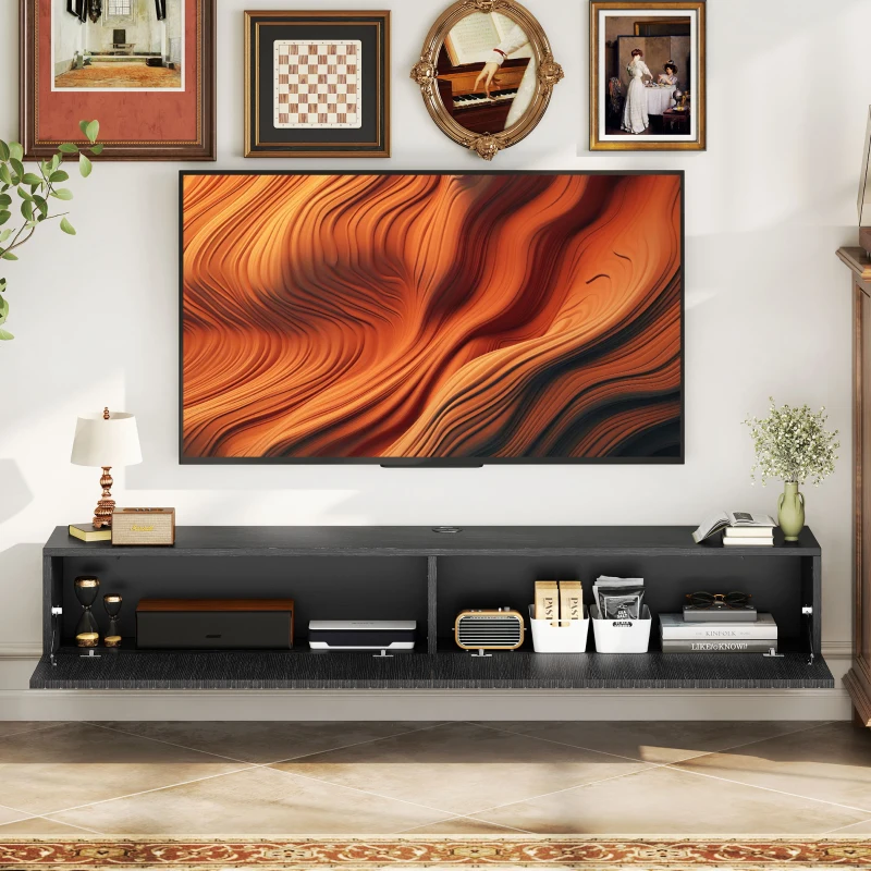 HOMCOM 55" Floating TV Stand for TVs up to 72 Inch, Wall Mount Media Console with 2 Fluted Flip-Down Doors, Cable Hole, Black