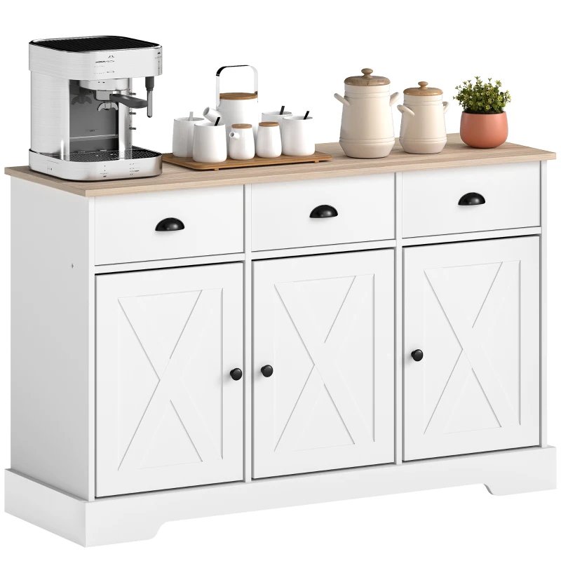 HOMCOM 46.5" Buffet Cabinet, Farmhouse Sideboard with 3 Barn Doors and 3 Drawers for Living Room, Kitchen, White