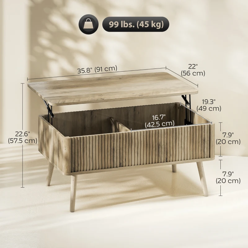 HOMCOM Lift Top Coffee Table with Storage, Center Table with Hidden Compartments and Pine Wood Legs for Living Room, Oak