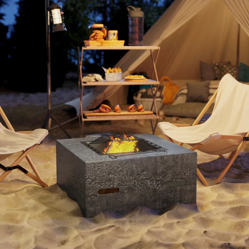 Outsunny Fire Pit with Fire Poker, Wood Burning Firepit for Outside with Mesh Lid, Magnesium Oxide Stone Texture, Charcoal Grey