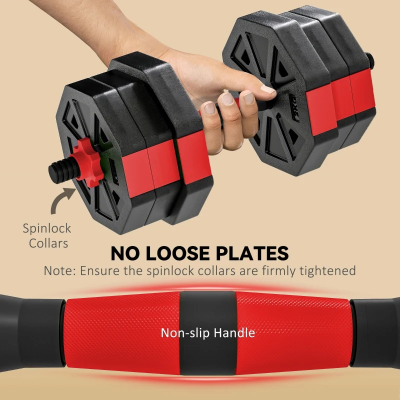 Soozier 6-in-1 Adjustable Dumbbell Set, Used as Kettlebell, Barbell, Dumbbell, Push-Up Stand, 44lbs Free Weights Set, Red