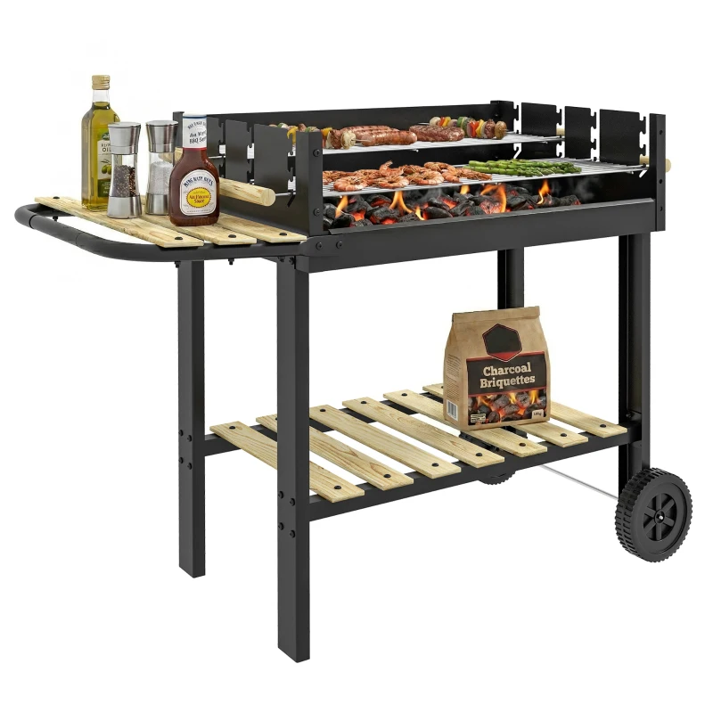 Outsunny Charcoal Grill,Barbecue Trolley with Double Adjustable Grill, Side Table, Storage Shelf and Wheels, Black