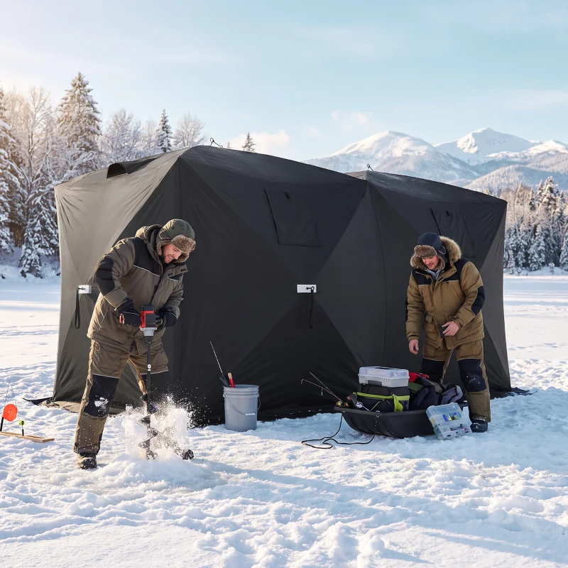 Outsunny 4 Person Pop-Up Ice Fishing Tent, Portable Ice Fishing Shelter With 4 Detachable Windows, Black
