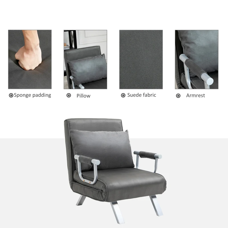HOMCOM Single Person Folding 5 Position Convertible Sofa Bed Sleeper Chair Chaise Lounge Couch w/Pillow & Steel Frame, Dark Grey