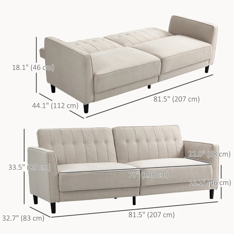 HOMCOM Convertible Bed with Couch, Button Tufted Fabric Sofa Bed with Adjustable Back for Living Room, Beige