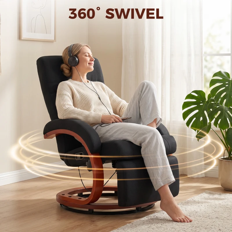 HOMCOM Manual Recliner Chair for Adults, Adjustable Swivel Recliner with Footrest, Padded Arms and Wood Base for Living Room, Black