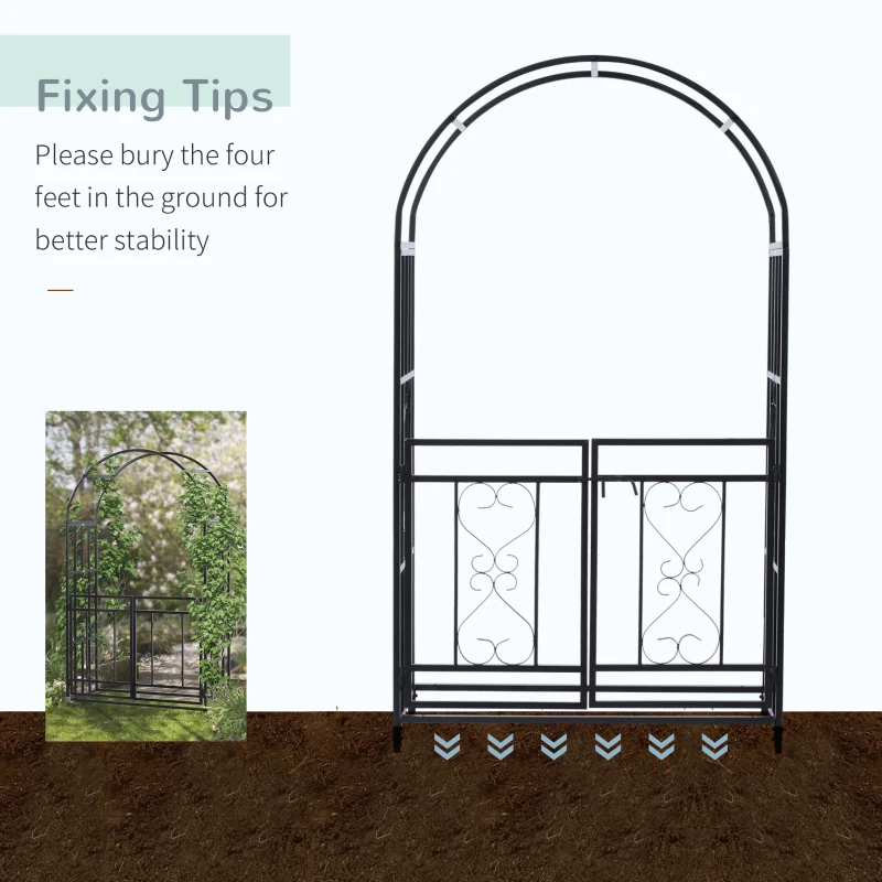 Outsunny 81" Steel Garden Arch with Gate Outdoor Courtyard Arbor for Climbing Vine Plants Lawn Backyard Decoration Dark Grey