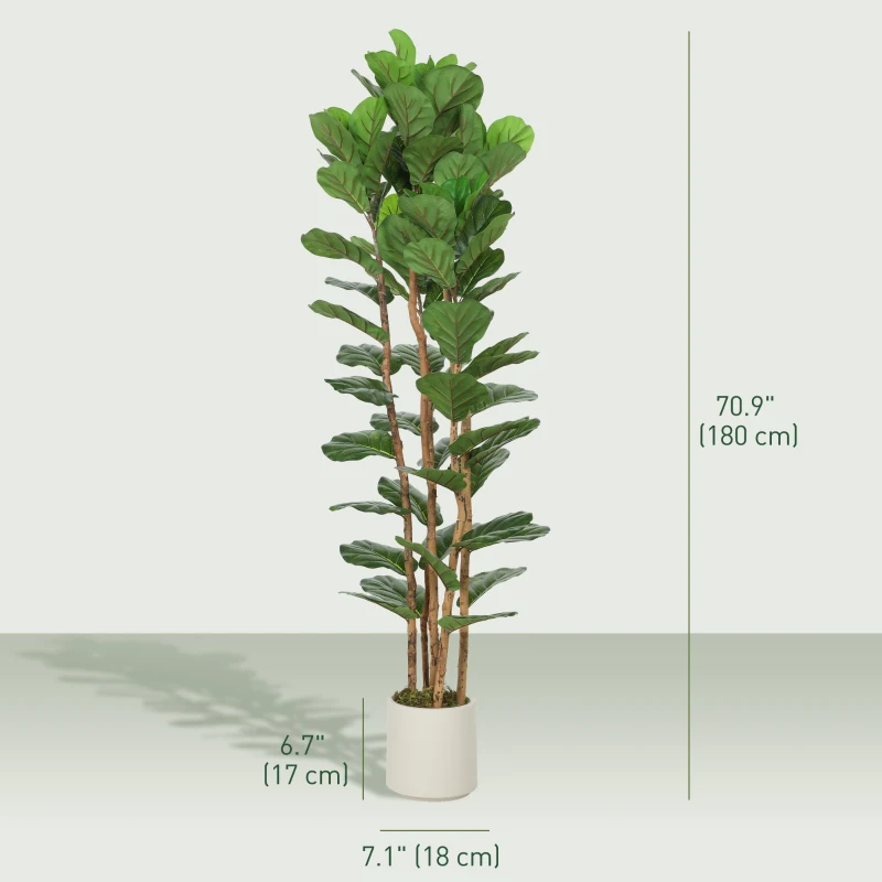 HOMCOM 6FT Artificial Fiddle Leaf Fig Tree Set of 2, Fake Potted Tree with Solid Wood Trunks for Indoor Decor, Green