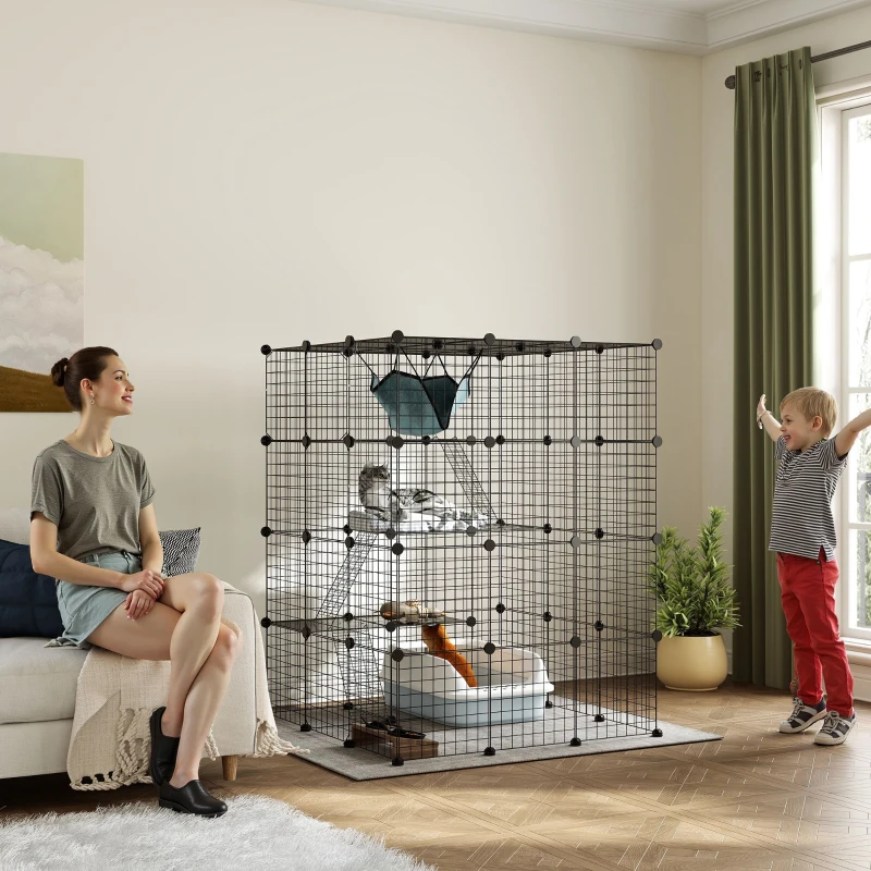 PawHut DIY 4 Tier Cat Cage Indoor with Hammock, Ramps, Jumping Platforms, Doors, Cat Enclosure for 1-3 Cats, 3 x 3 x 4, Black