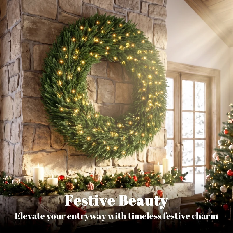 HOMCOM Christmas Decoration, 48 in Pre-Lit Norfolk Pine Artificial Christmas Wreath with 150 LED Lights, Green