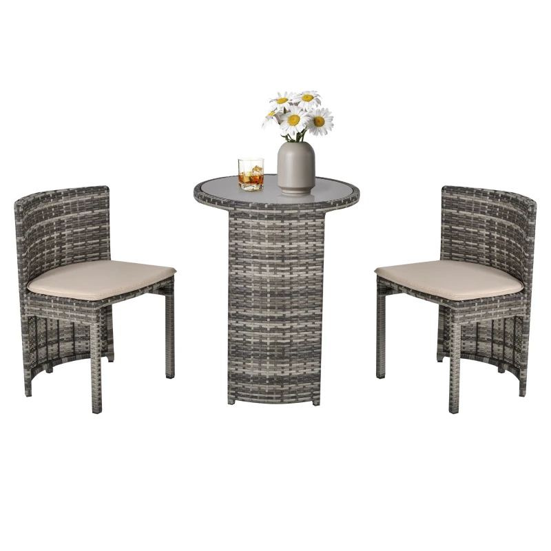 Outsunny 3 PCS Outdoor Rattan Wicker Bistro Set with Storage Shelf, Glass Top Table, Soft Cushioned Chairs and Space Saving Design, Patio Conversation Set for Garden Backyard Porch, Grey