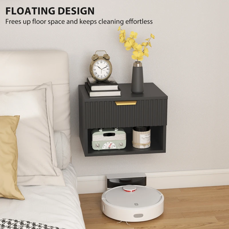 HOMCOM Floating Nightstands, Wall Mounted Bedside Tables Set of 2 with Drawer and Open Shelf, Black