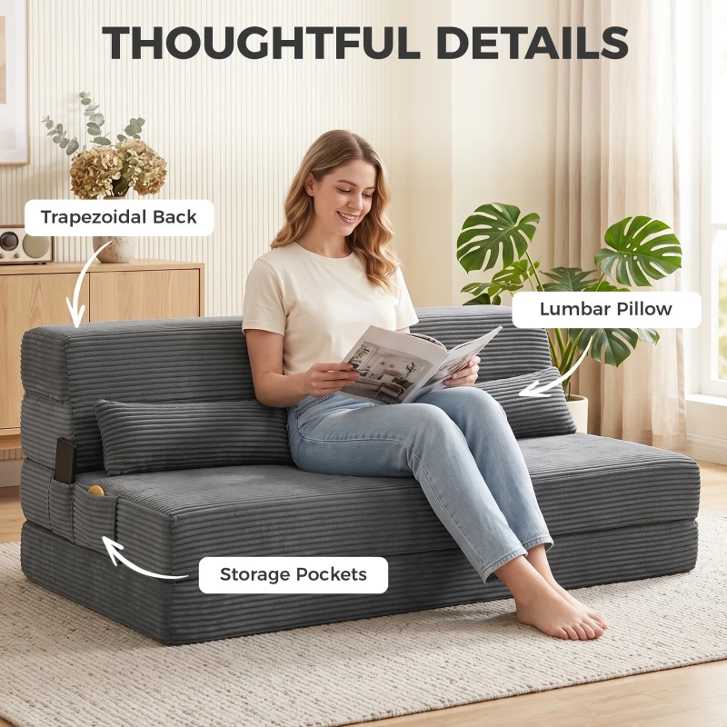 HOMCOM Floor Chair with Back Support Four-Fold Floor Gaming Chair Side Pockets Pillow Floor Seat Sofa Bed, Dark Grey