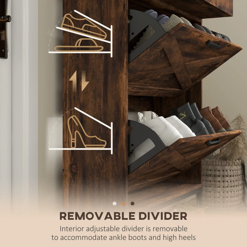 HOMCOM Slim Shoe Storage Cabinet, Shoes Cabinet Organizer with 2 Flip Drawers, Adjustable Shelves for 12 Pair, Rustic Brown