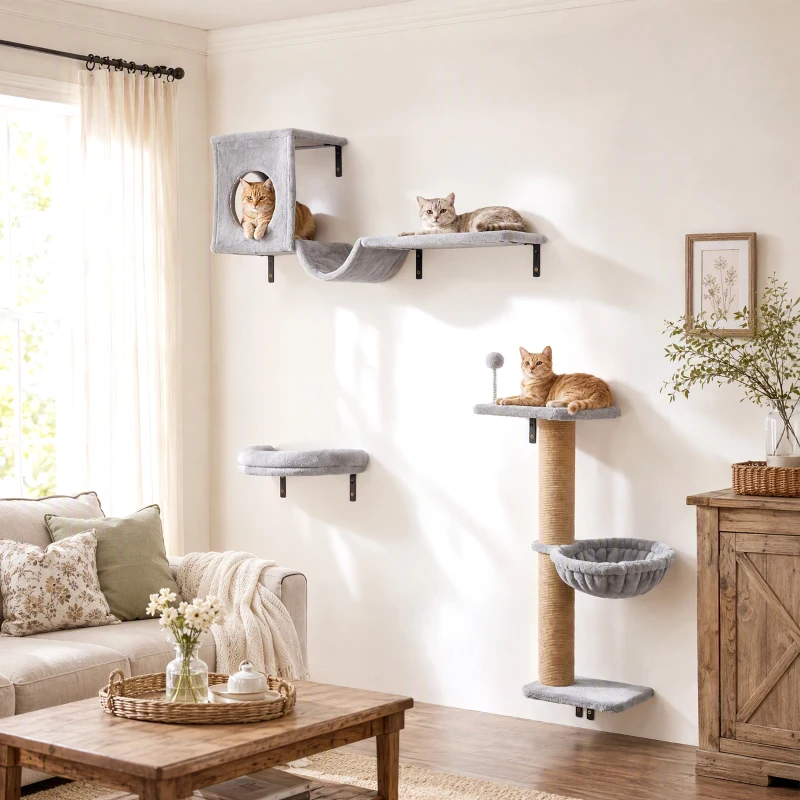 PawHut 3-In-1 Cat Wall Shelves with Condo, Bed, Hammock, Scratching Post and Spring Ball, Gray