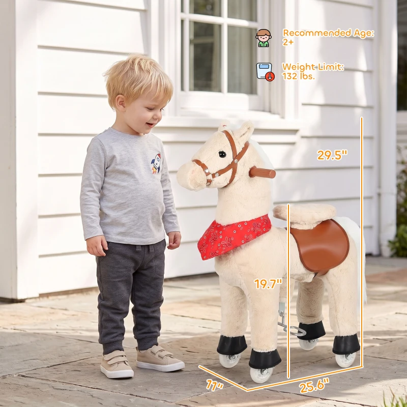 Qaba Ride on Horse for Kids 2+ Years, 29.5" Height Plush Ride On Pony with Rotatable Head and Neighing Sounds, Light Brown