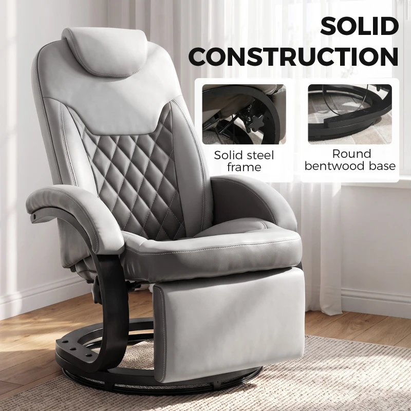 HOMCOM Faux Leather Manual Recliner, Swivel Lounge Chair with Adjustable Backrest, Footrest and Round Base, Gray