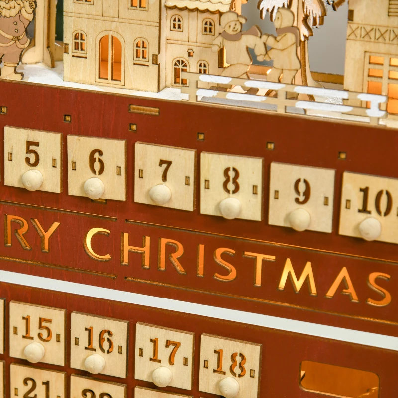 HOMCOM Christmas Advent Calendar, Light Up Table Xmas Wooden Bus Holiday Decoration with Countdown Drawer