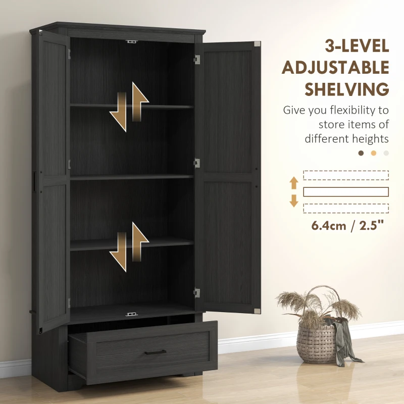 HOMCOM 69" Tall Farmhouse Kitchen Pantry Cabinet with 2 Doors, Drawer and Adjustable Shelves for Dining Room, Black