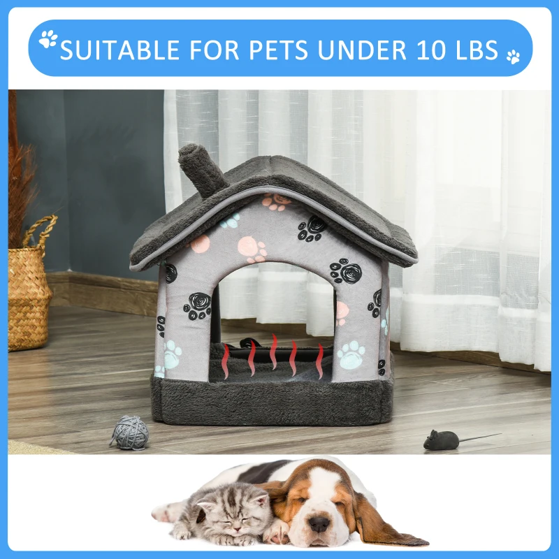 PawHut Heated Cat House Condo, Foldable Enclosed Pet House with Heating Pad for Cats or Small Dogs, Use for Indoor & Outdoor Paw Print Pattern