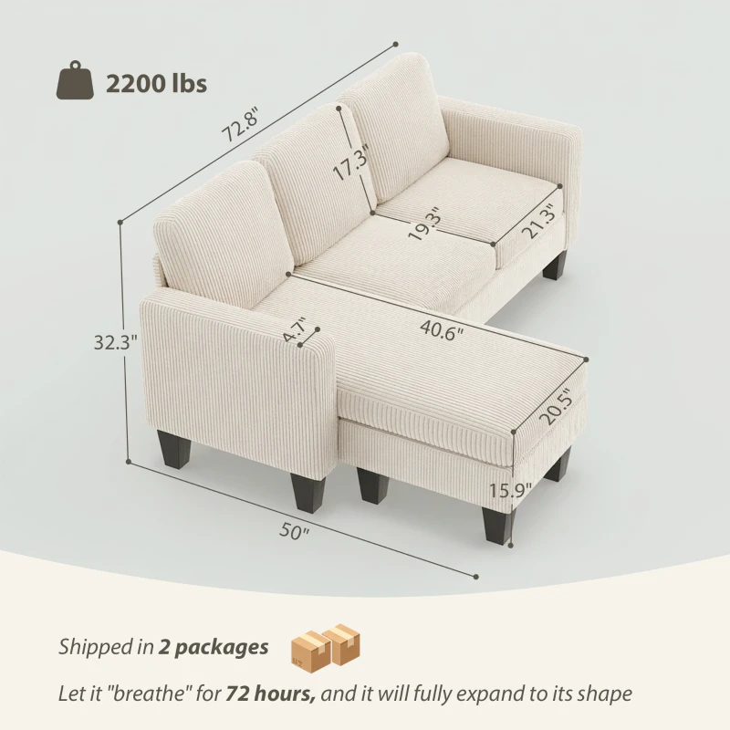 HOMCOM Sectional Sofa, L Shaped Couch, with Reversible Chaise or Ottoman, Cream White