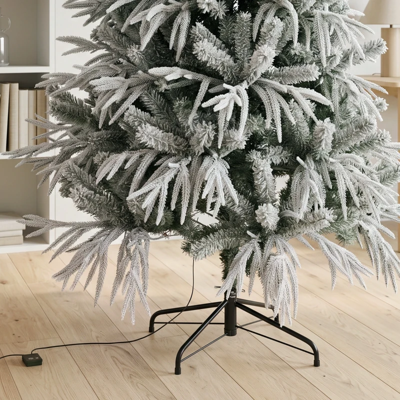 HOMCOM 6ft Prelit Flocked Christmas Tree, Artificial Norfolk Pine Downswept Hinged Xmas Tree with 250 LEDs, Green and White