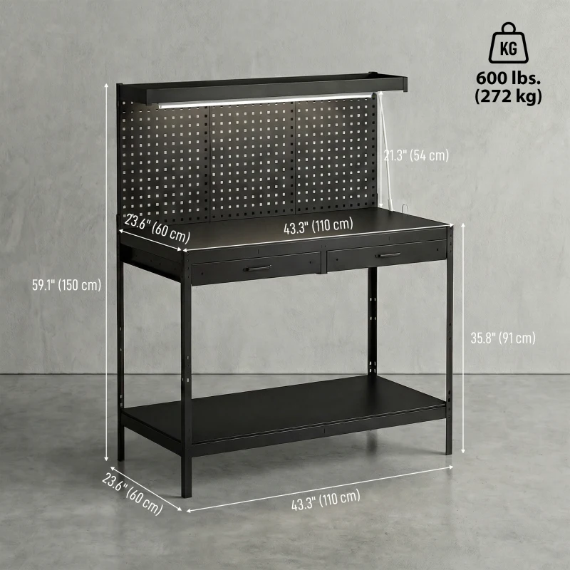 HOMCOM Workbench with LED Light and Power Strip, 43" Heavy Duty Work Table with Pegboard and Drawers for Garage Workshop, Black