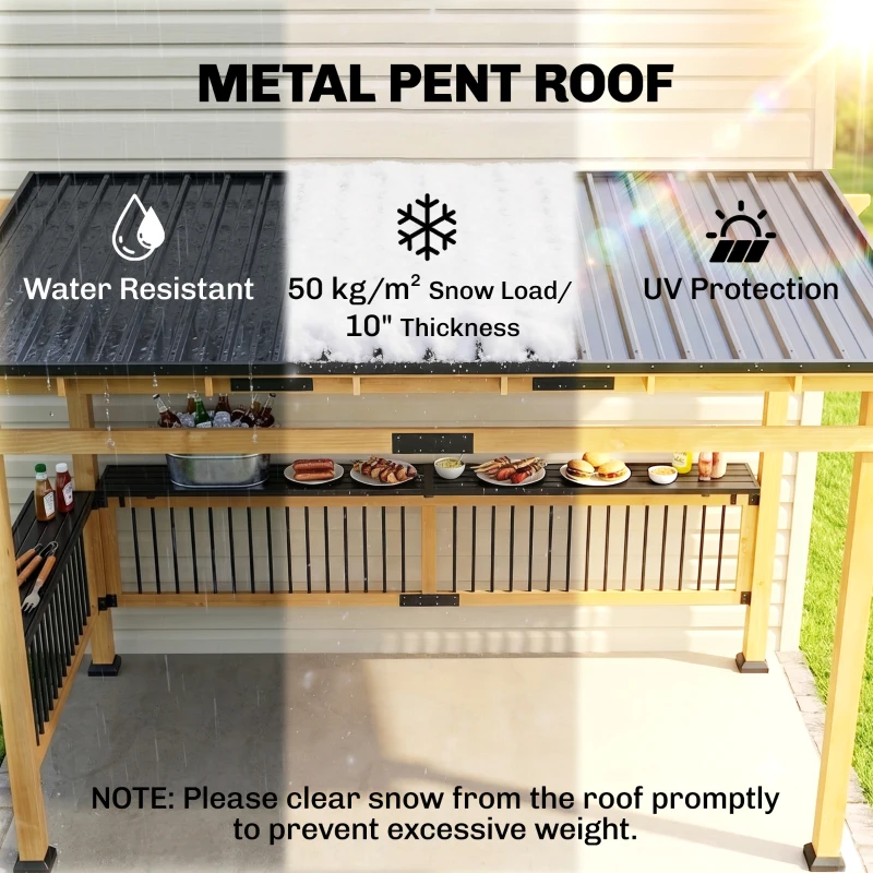 Outsunny 13' x 6' Wooden BBQ Grill Gazebo, Outdoor Hardtop Grill Gazebo with Metal Roof, 2 Bar Shelves and 6 Hooks, Natural