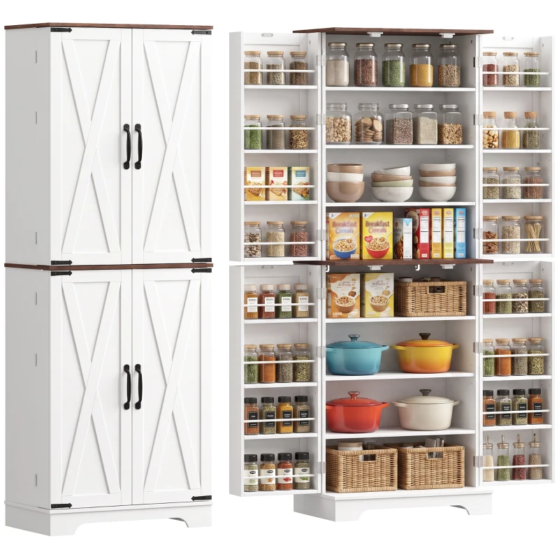 HOMCOM 65" Kitchen Pantry Cabinet Adjustable Shelves Tall Storage Cabinet Door Shelves 8 Shelves Brown White