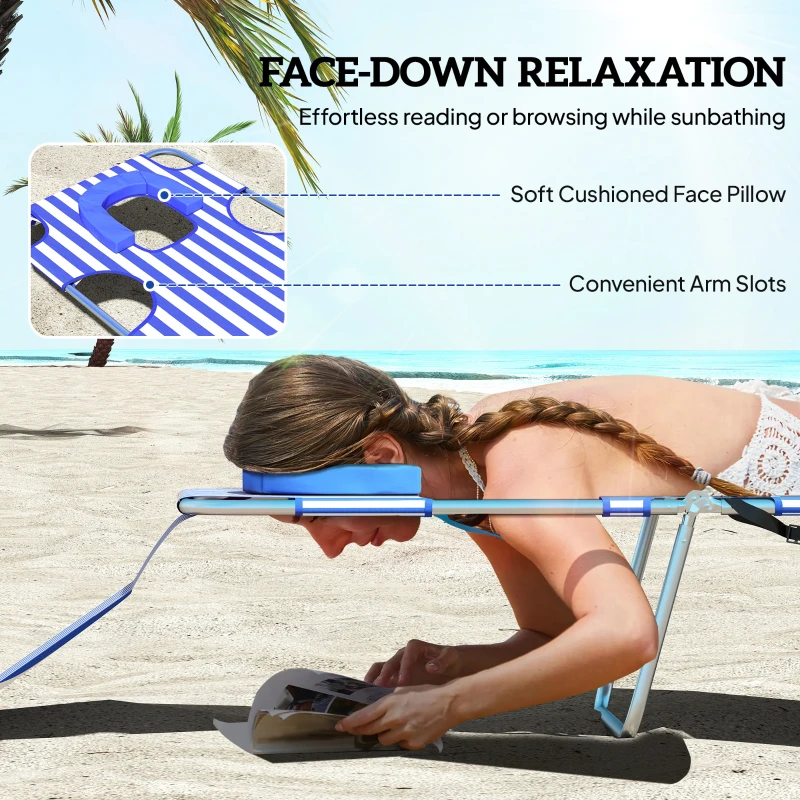 Outsunny 2 Tanning Chairs with Face Hole, 5-Level Adjustable Outdoor Chaise Lounge Chair with Pillow for Beach, Pool, Blue Stripe