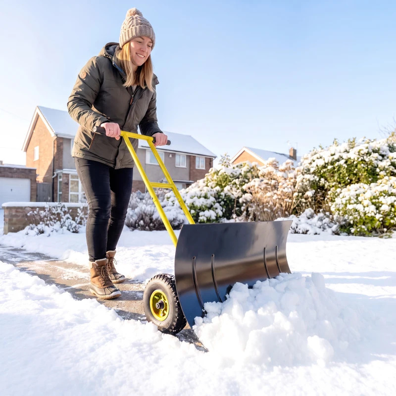 Outsunny Snow Shovel with Wheels, 29" Metal Snow Pusher with Adjustable Handle, 7-Angle Blade, Wear Strip for Driveway, Yellow