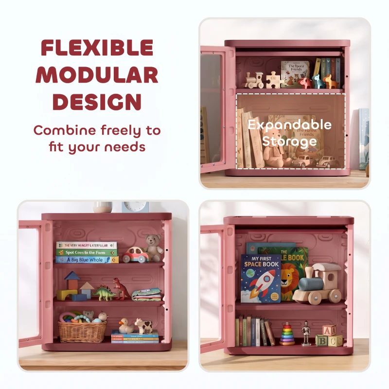 Qaba Toy Storage Organizer, 3 Tier Adjustable Toy Storage Cabinet Dustproof HDPE Plastic, Transparent Door, Pink