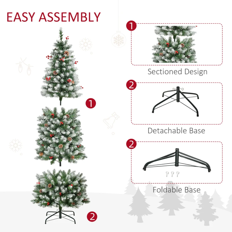 HOMCOM 6 ft Snow-Dipped Pencil Christmas Tree Pre-Lit Holiday Decoration with LED Lights Pine Cones Red Berries Green