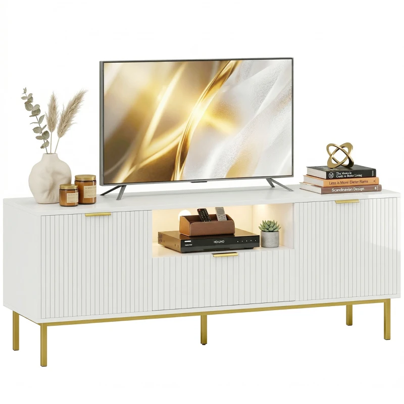 HOMCOM Modern TV Console for TVs up to 60 Inch, Entertainment Center with Smart RGB LED Lights and Soft Close Doors, White