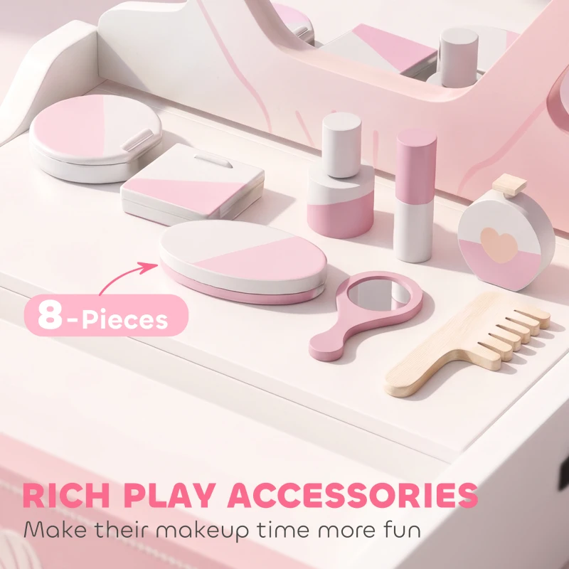 Qaba Kids Vanity Set, Makeup Table Toy with Lights, Mirror, Drawer, Accessories and Carry Handle for Girls 3-6 Years, Pink