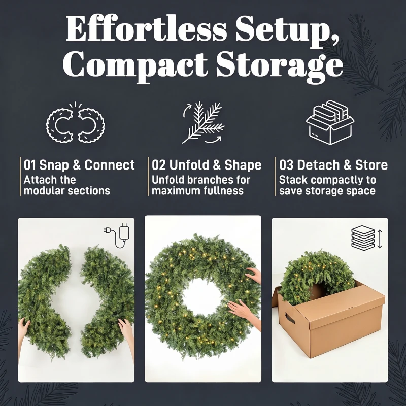 HOMCOM 48" Prelit Crestwood Spruce Artificial Christmas Wreath, Christmas Decor with Bow, LEDs, 8 Modes, Realistic Tips