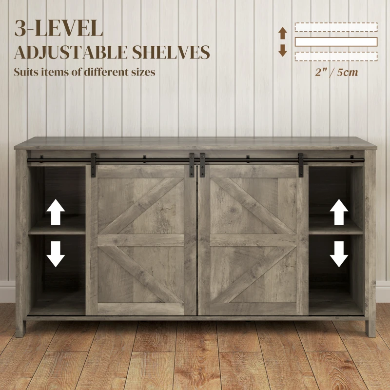 HOMCOM 60" Buffet Cabinet, Farmhouse Sideboard with Sliding Barn Doors, Drawers and Adjustable Shelves, Distressed Light Grey