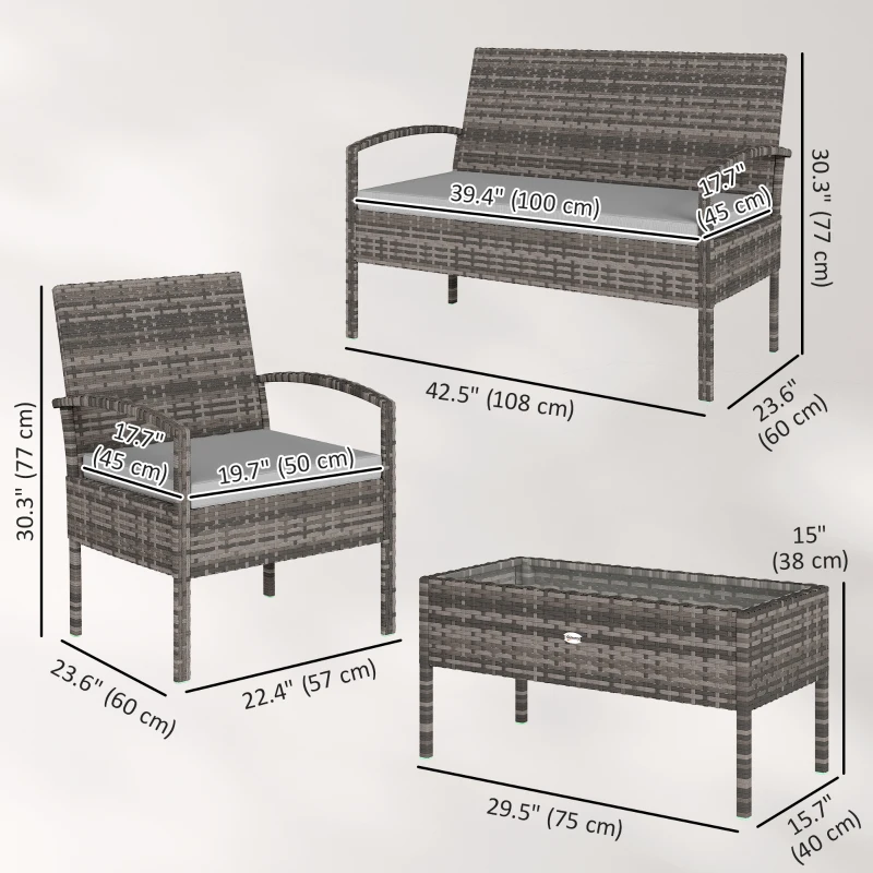 Outsunny 4 Pieces Patio Furniture Set with A Loveseat, Two Armchairs and A Coffee Table, Outdoor Conversation Set, Light Grey